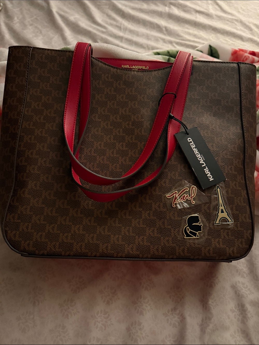 Karl Lagerfeld Brown Tote with Red Handles and Icon Patches